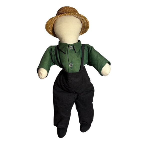 Amish Inspired Handmade Cloth Rag Doll Green and Black Outfit Suspenders Hat 14" - Picture 1 of 7